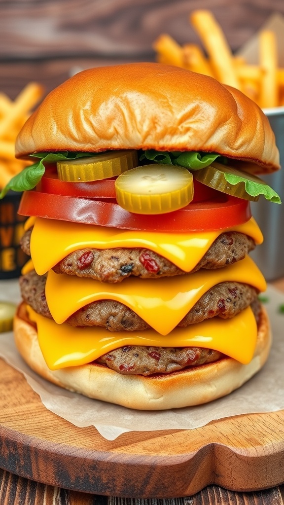 A delicious double cheeseburger with two beef patties, cheese, lettuce, tomato, and pickles on a wooden table with fries.